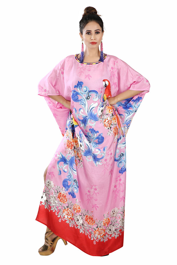 Pink colored bird print buy online silk kaftan