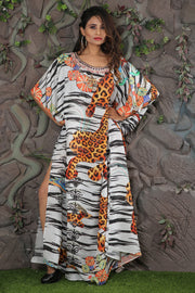 Animal print silk caftan Beaded neck long beach cover ups