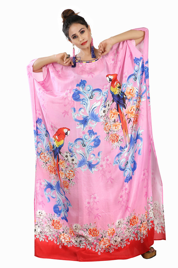 Pink colored bird print buy online silk kaftan