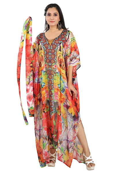 Floral Print Silk Caftan beach wear cover up belted silk caftan dress