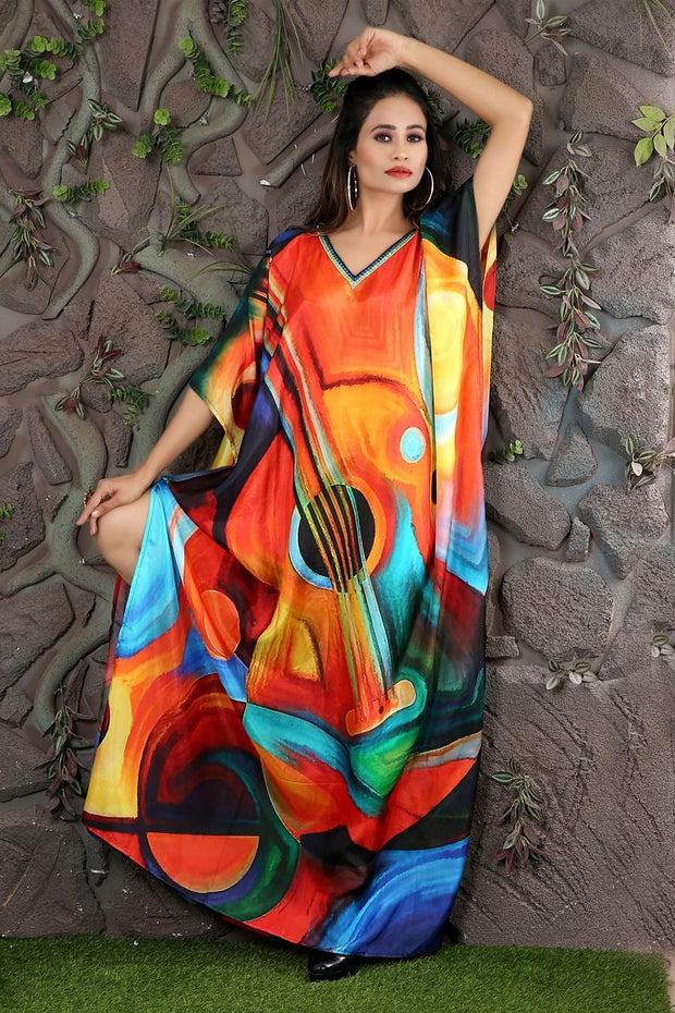 Picasso Printed silk Kaftan cover up Long Designer Colorful Caftan