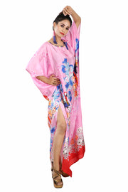 Pink colored bird print buy online silk kaftan
