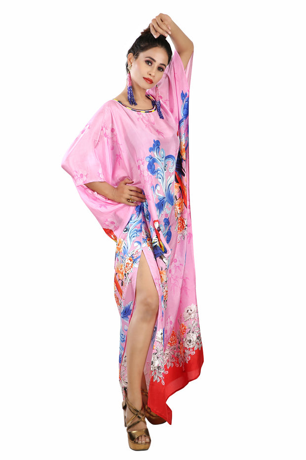 Pink colored bird print buy online silk kaftan