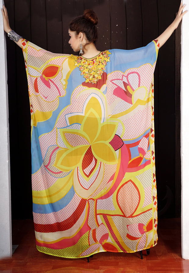 Multi-coloured Embellished Silk Kaftan with Floral Prints Plus size long Resort wear kaftan silk dress