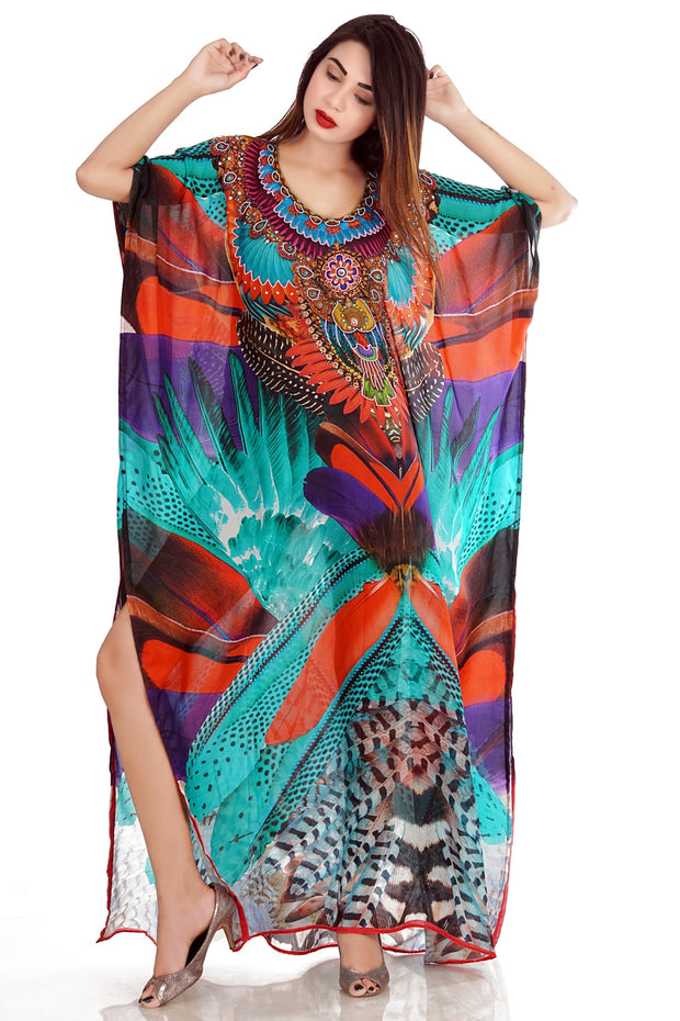 Beach kaftan Feather print dress for woman beaded beach wear one piece Silk kaftan