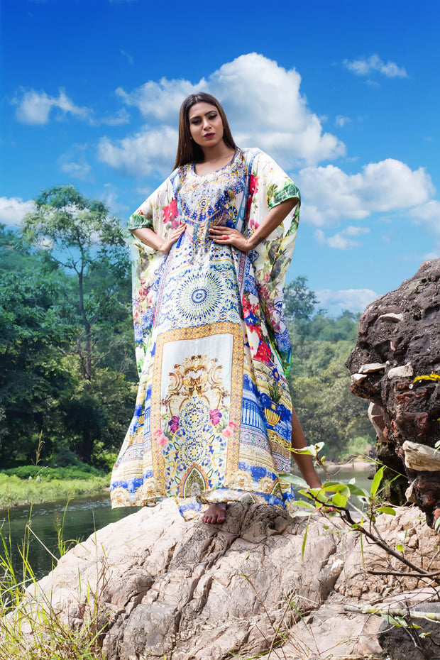 Floral Print Silk Kaftan with feel of colorful flowers on long caftans
