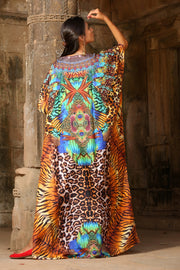 Fascinated Cheetah printed Full Length Silk Kaftan decked with unblemished beads and Feathers