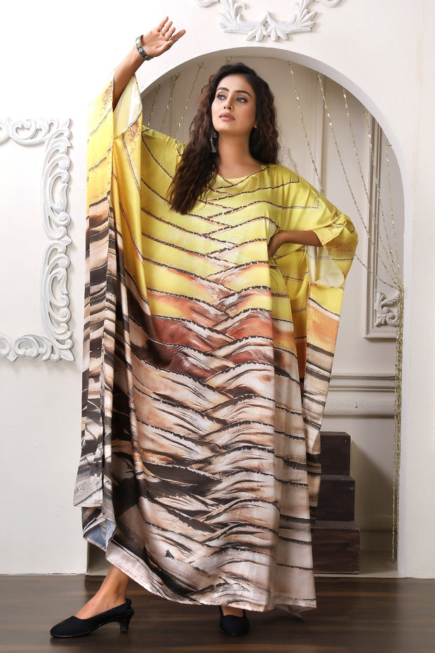 Vibrant Robe Satin Silk Kaftan Party Dress with Abstract Luxury inspired caftan