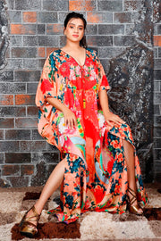 Embellished Red colored long kaftan with creative print Lace up silk kaftans