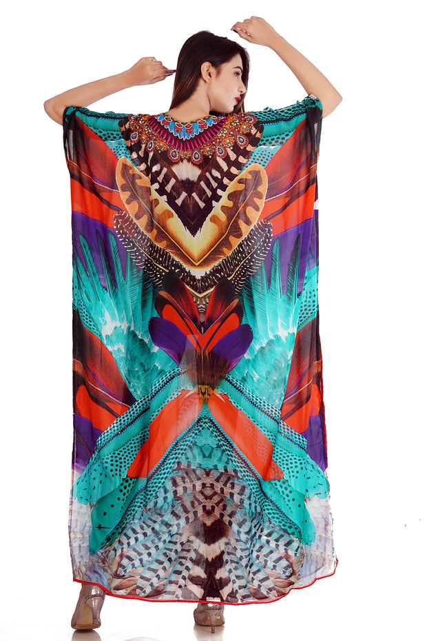 Beach kaftan Feather print dress for woman beaded beach wear one