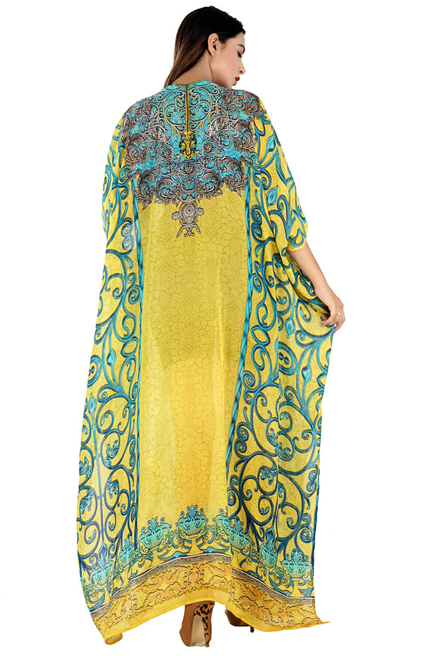 Yellow and green color Printed Silk Kaftan Styled beach wear cover up