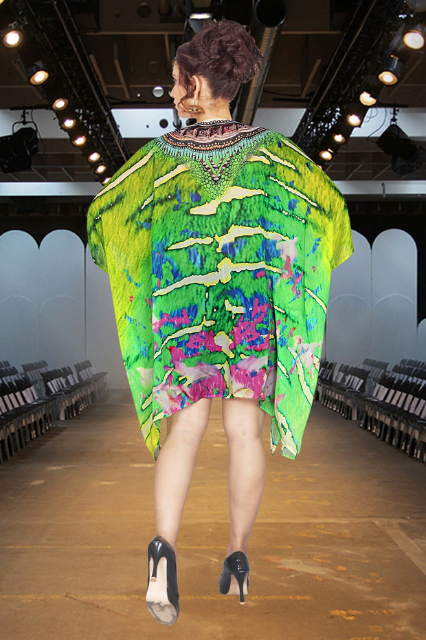 Green Camouflage Print Silk short Kaftan Dress silk caftan tunic silk dress