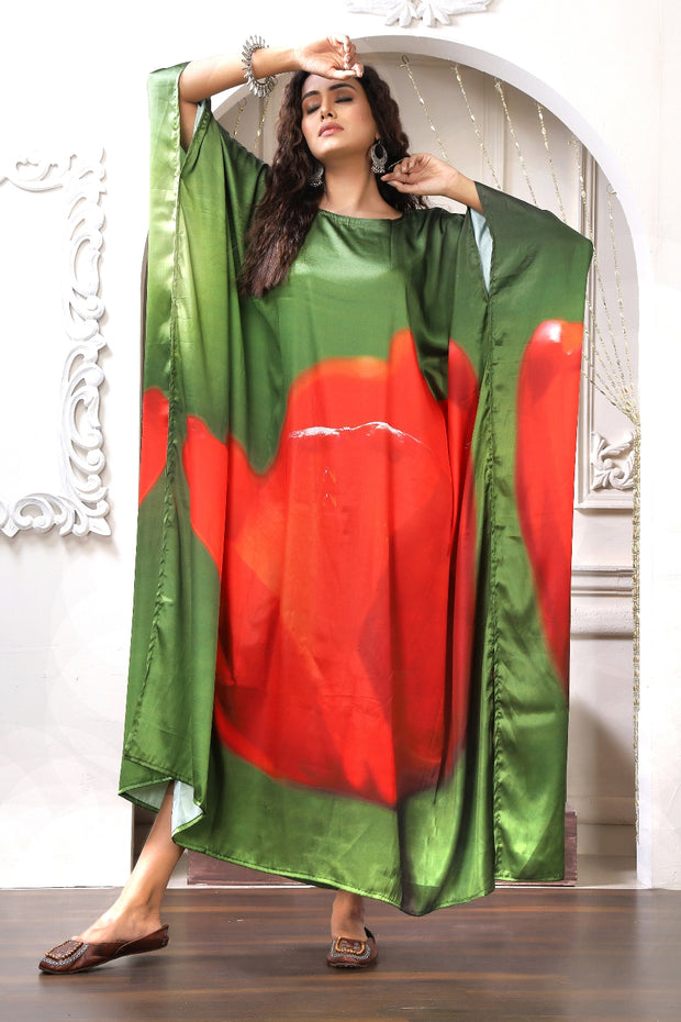 Green Silk Kaftan designer print Caftan Floral red Kaftan Beach Gift