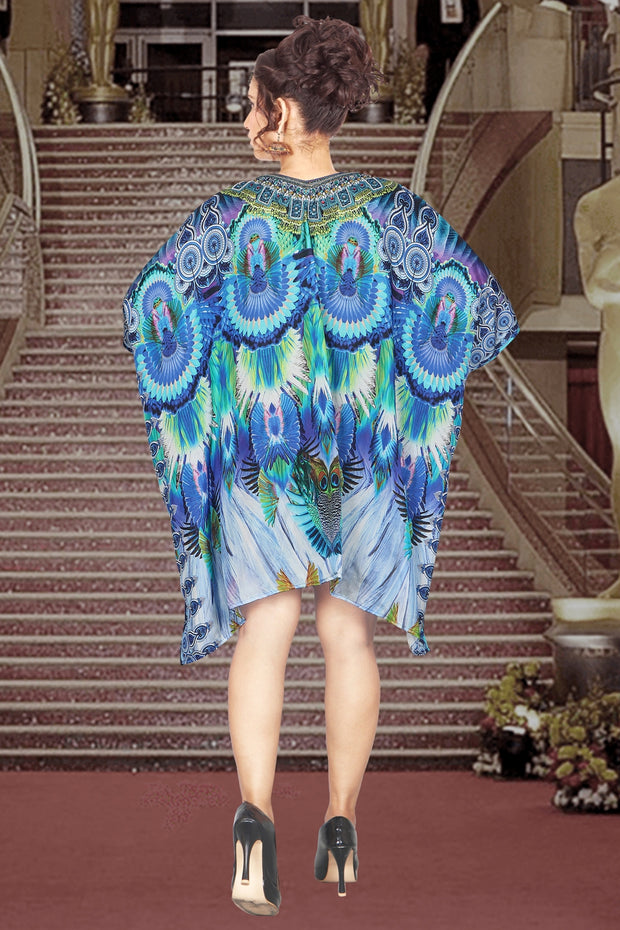 Silk caftan tunic designer wear feather print lace up silk kaftans
