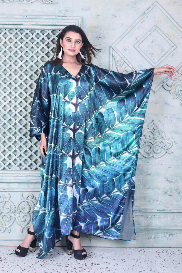 Leafy print silk kaftan resort wear for women full length caftan dress