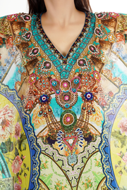 Floral printed colourful Silk long kaftan with beaded V neck