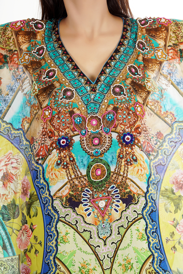 Floral printed colourful Silk long kaftan with beaded V neck