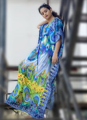 Sunflowers Circular Prints lace up silk kaftans