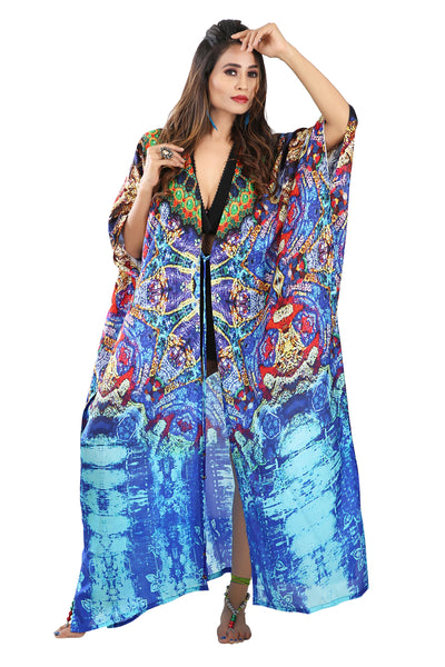 Blue colored animal print Beach Cover Up Holiday silk kimono Robe