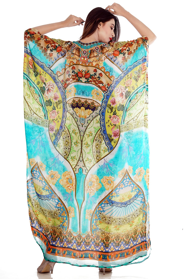Floral printed colourful Silk long kaftan with beaded V neck