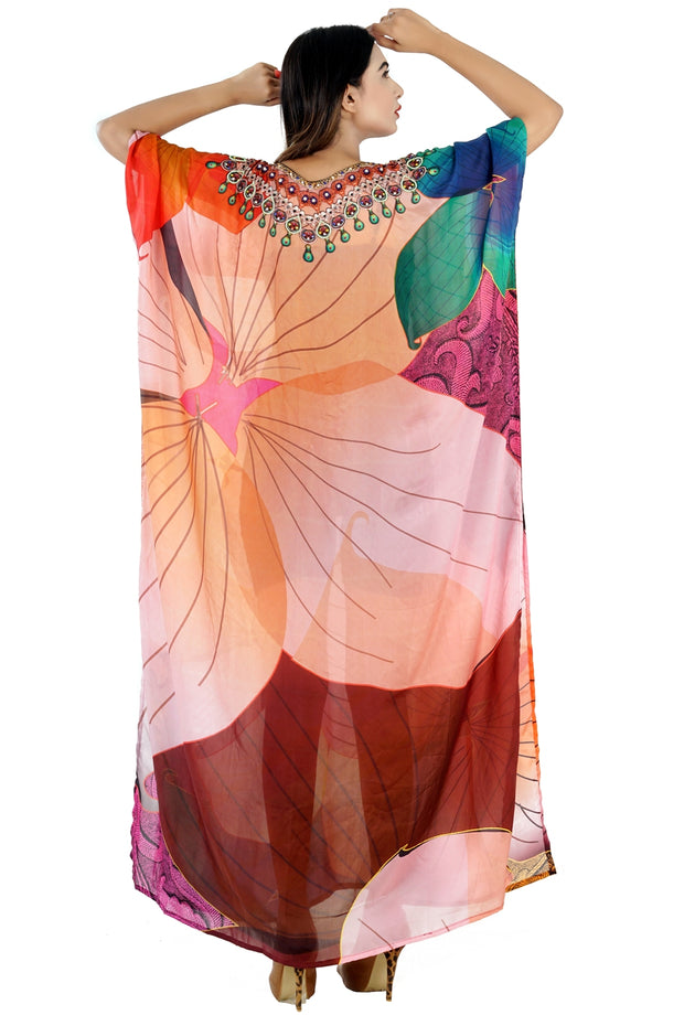 High quality Abstract Floral printed Maxi kaftan dress with beads