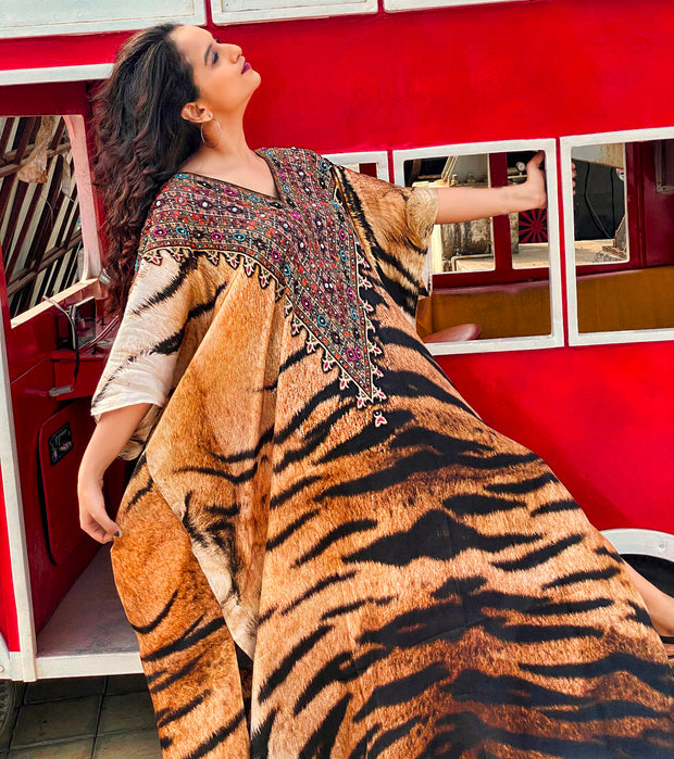 Tiger print silk kaftans online womens kaftan