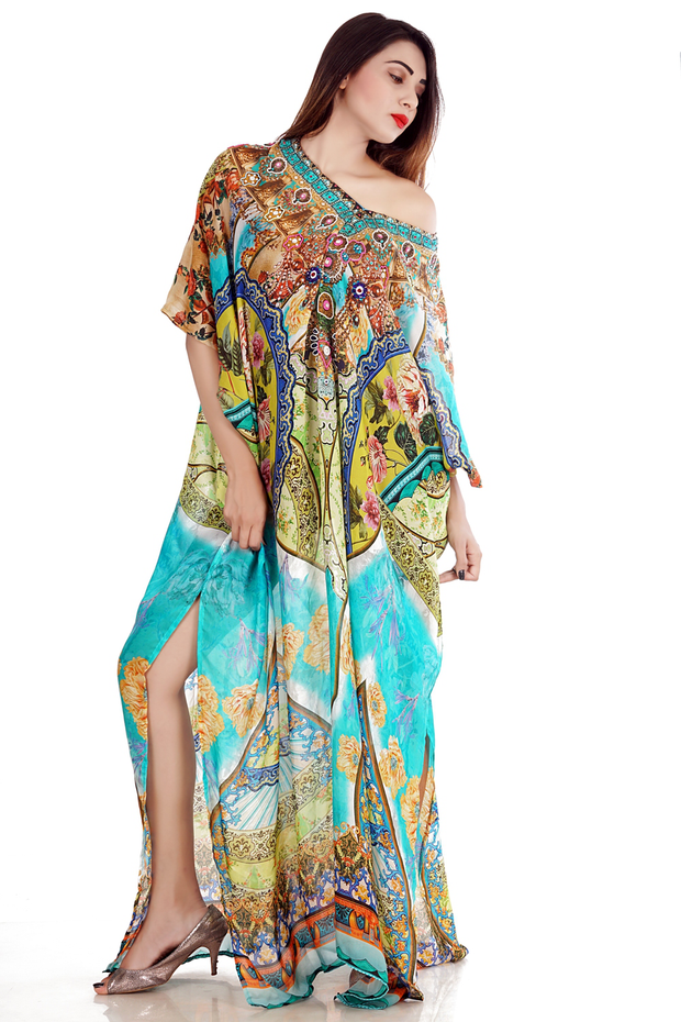 Floral printed colourful Silk long kaftan with beaded V neck