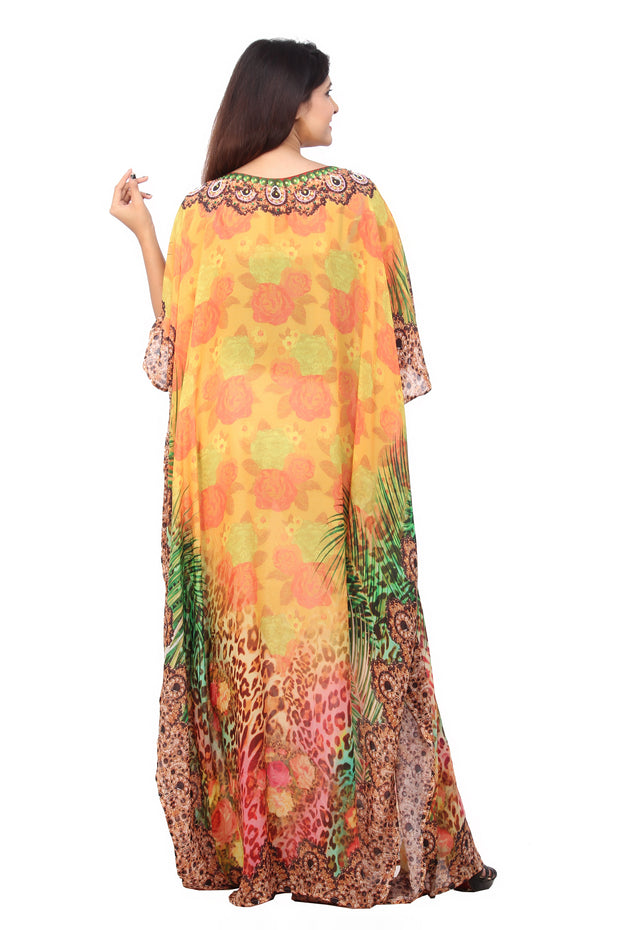 Jungle Print Highly embellished Maxi Silk kaftan with flowers all over