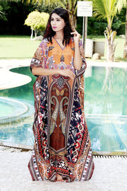 Bohemian Print Long Silk Kaftan Dress with Beautiful Lightweight kaftan