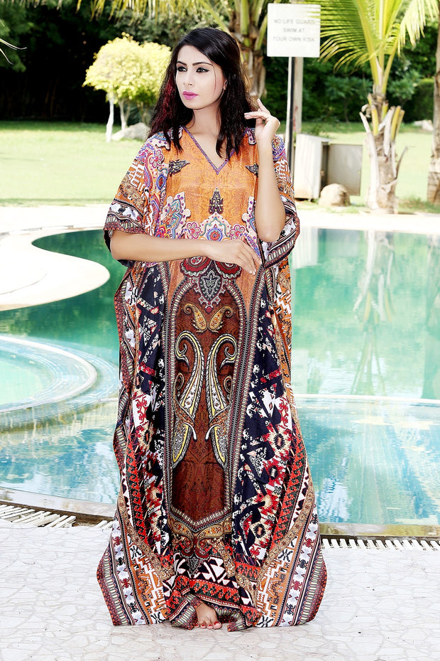 Bohemian Print Long Silk Kaftan Dress with Beautiful Lightweight kaftan