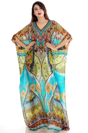 Floral printed colourful Silk long kaftan with beaded V neck