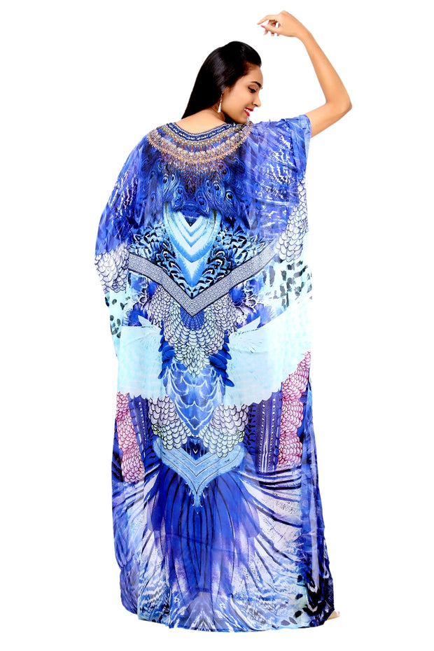 Experience the Splendor of rich Feathery Print Silk Kaftan with embroidered V Neck