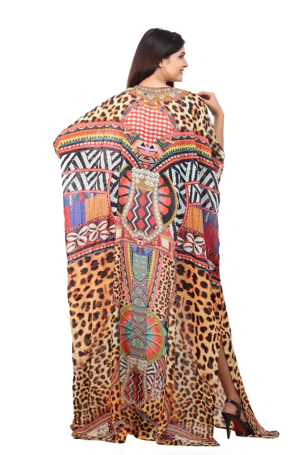 Soft and Downy alike Leopard print Long Designer Silk Kaftan with Clam-shell patterns pool party kaftan