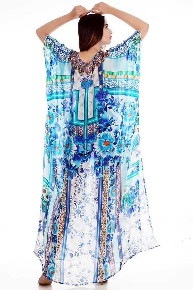 Blue Floral Printed Silk Kaftans adorning your charm unfolding elegance