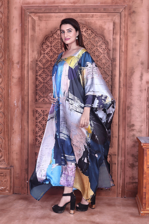 Blue Silk Dress Designer Kaftan Plus Size Vibrant Robe for Resort Wear