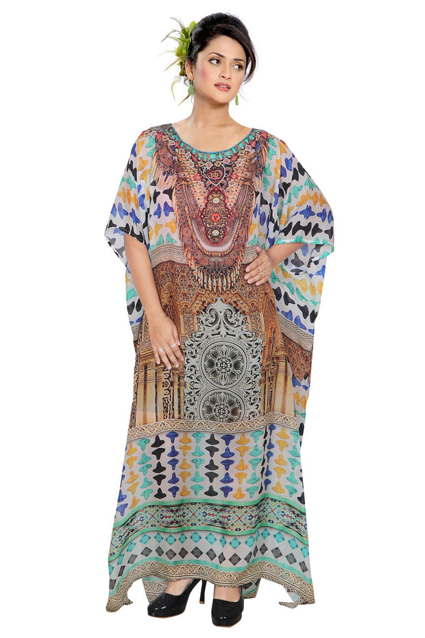 Party Wear Boat Neck Maxi Long trivial Silk Kaftan Geometric prin