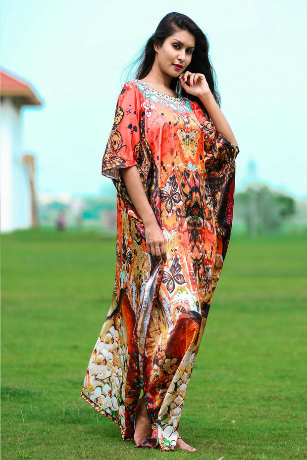 Embellished butterfly print caftan silk looks and feel kaftan resort wear kaftan