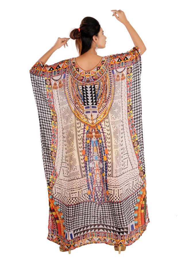 Self Expression Printed Silk Kaftan Cover-Ups with Geometric Patterns