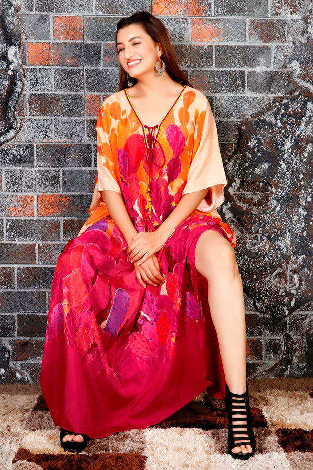 Plus Size Silk Caftan Lace Up Silk Kaftan Maxi Dress For Women