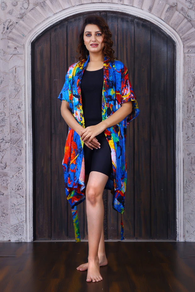 Beach Kimono Cover-up with abstract print and belt to tighten