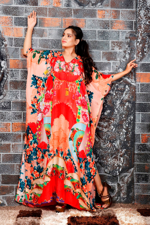 Embellished Red colored long kaftan with creative print Lace up silk kaftans