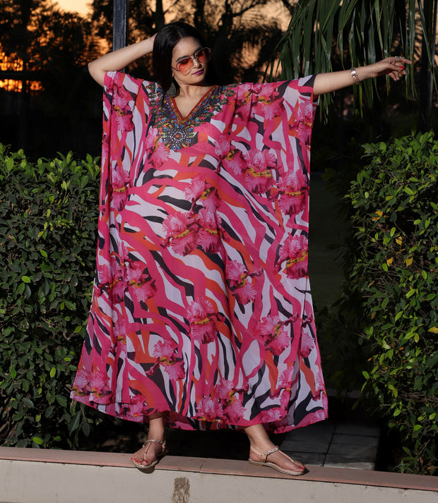 Woman plus size dress for party wear caftan pink floral print caftans