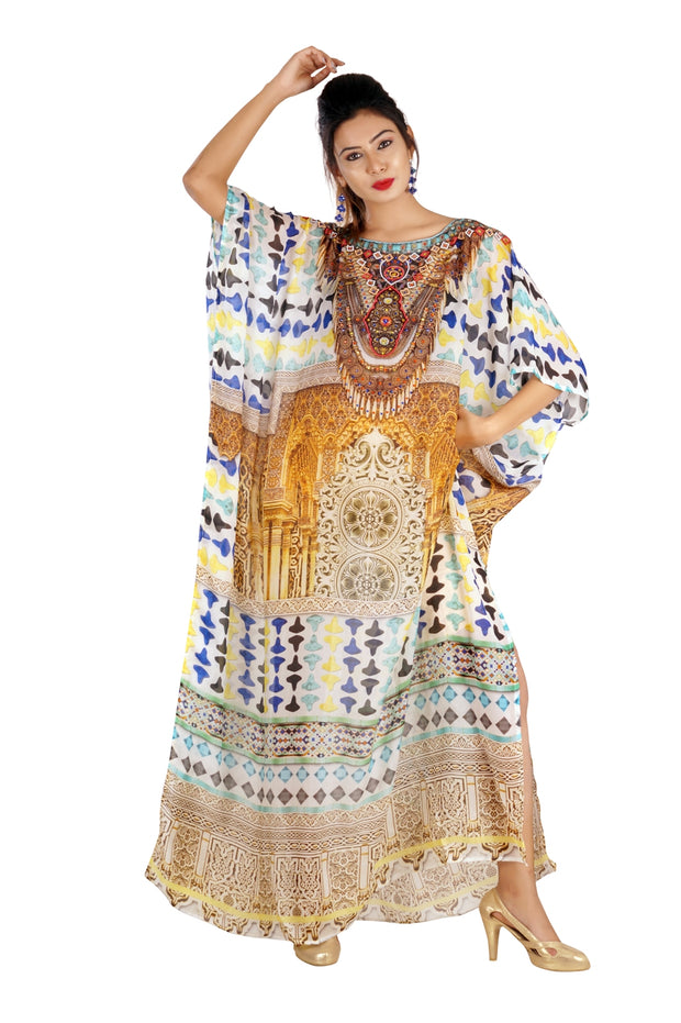 Party Wear Round Neck Maxi Long trivial Silk Kaftan Geometric print Love to drape in for Party lovers - Silk kaftan