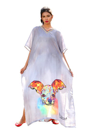 Doodled kangaroo face on basic grey  PICASSO PRINT silk kaftan