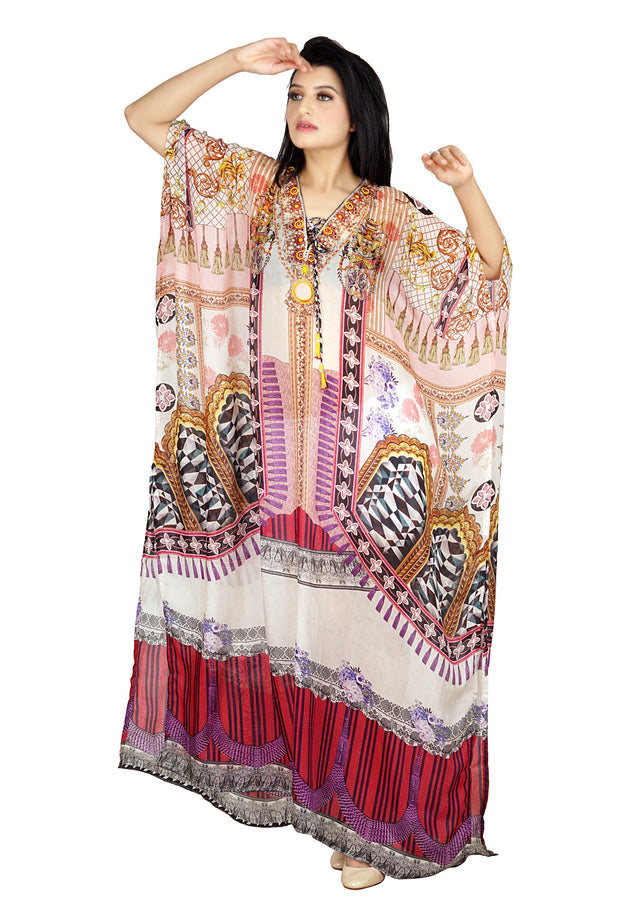 Vintage style lace up beach party Multicolored Silk Kaftan