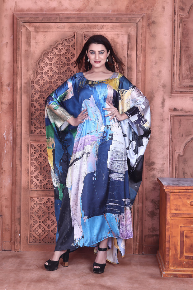 Blue Silk Dress Designer Kaftan Plus Size Vibrant Robe for Resort Wear
