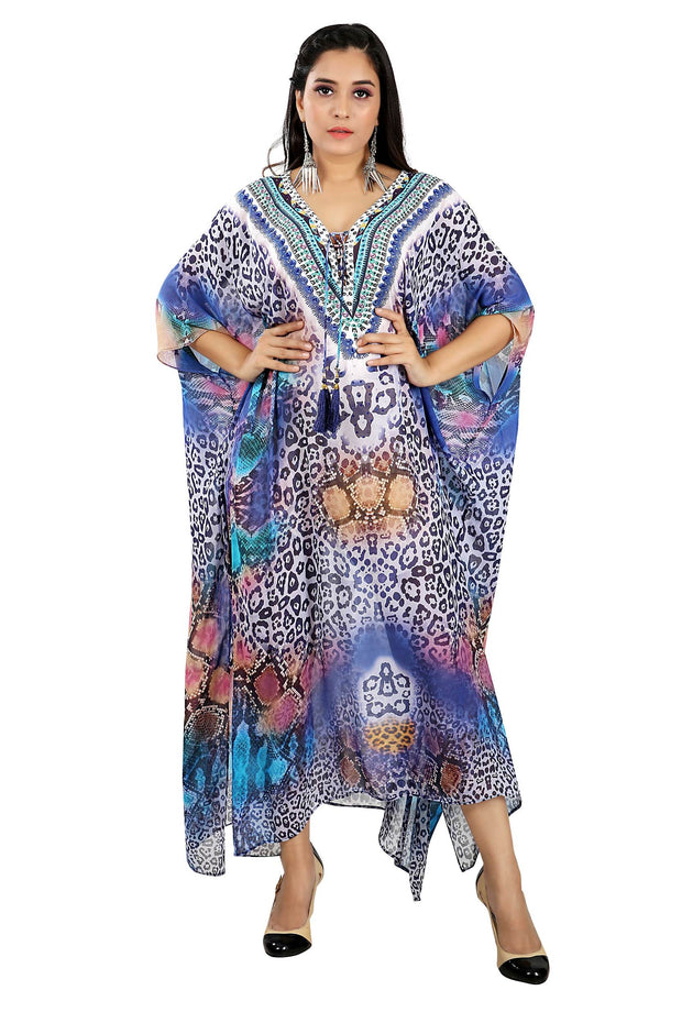 Beautiful Plus Size lace up kaftan blue animal print caftan blue dress