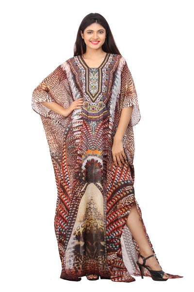 Stand Stronger put on Bohemian Print Silk Kaftan Dress with stylish embellishment