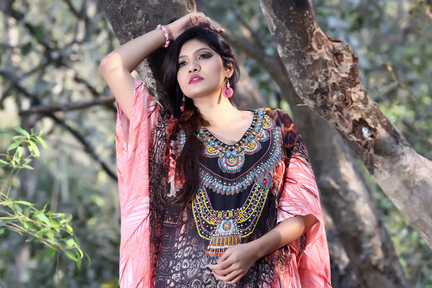 Python print over kaftan Cover with tribal pattern near beaded neckline