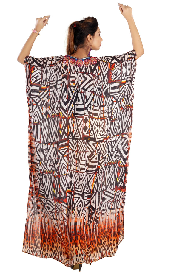 Geometric Patterns with Basic Animal Print at the Bottom of Maxi Long pool party kaftan